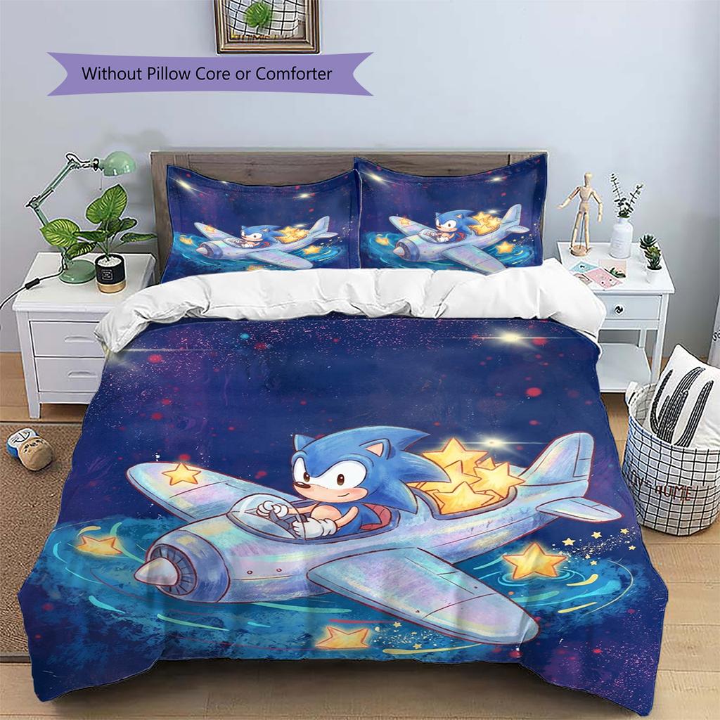 Hedgehog Sonic Pattern Bedding Quilt Set Quilt Cover Pillowcase Home Decoration Birthday Gift (1 * Duvet Cover + 2 * Pillowcase, Without Core)