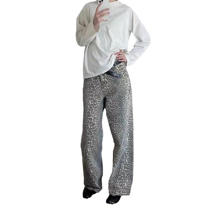 Y2K American retro TRINITE leopard print jeans hip hop street straight wide leg pants vibe style loose casual