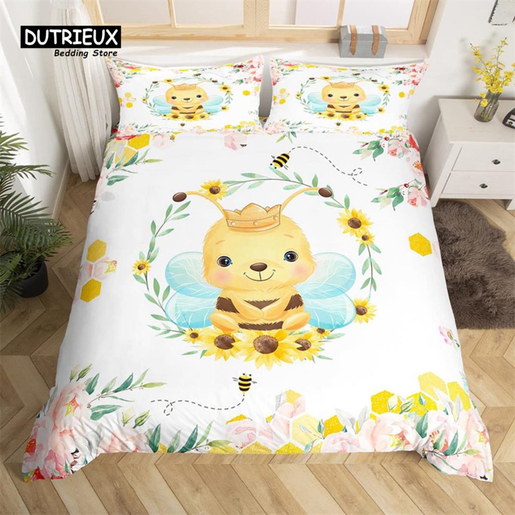 Niedliches Milchkuh Bettwäsche-Set King Cartoon Tier Bettbezug Botanisch Floral Steppdeckenbezug Mikrofaser Bauernhaus Tagesdecke Bezug