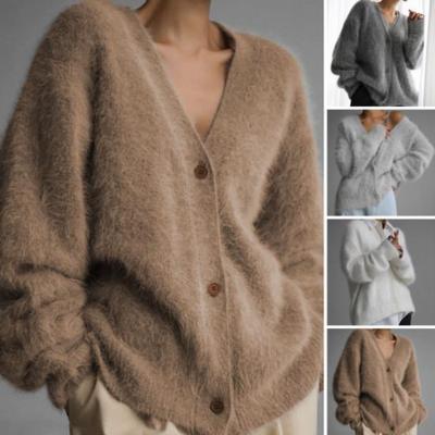 Pullovermantel für Damen, V-Ausschnitt, lange Ärmel, einfarbig, einreihig, Strickpullover, lockere Passform, warme Strickjacke