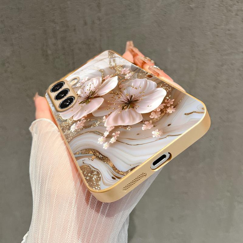 Gilded Flower Patterned Glass Phone Case Suitable for Samsung Galaxy S26 S25 S24 S22 S21 S20 FE/Ultra/Plus Anti Drop Back Cover