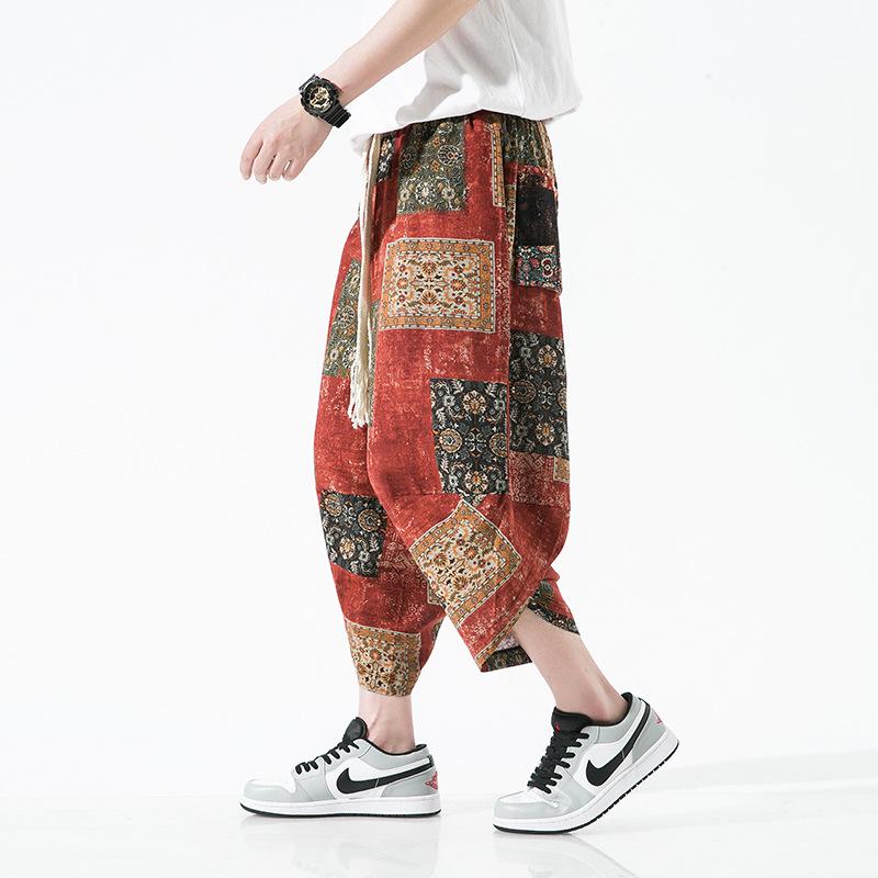 2025 Summer Men's Plus Size Ethnic Print Harem Pants - Loose Fit, Straight Leg, Drop Crotch