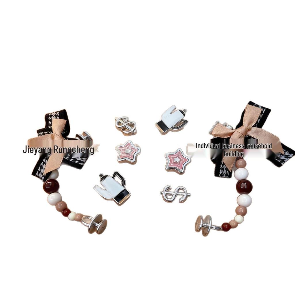 Black Bow Pearl Chain Clog Charm Set - Removable Shoe Buckles & DIY Flower Accessories