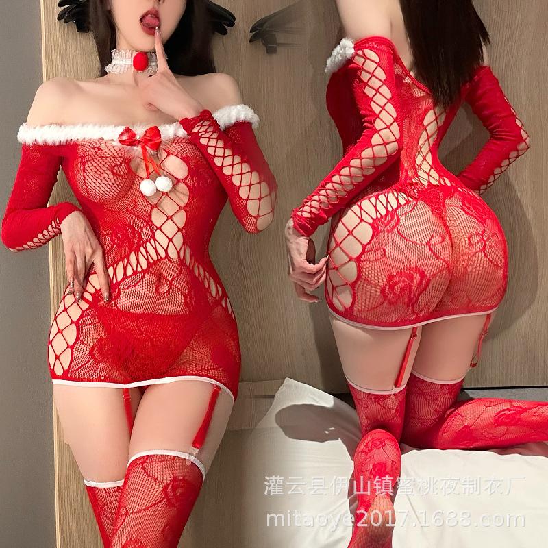European & American Christmas Lace Bodysuit Set with Stockings & Quick-Release Garter Belt