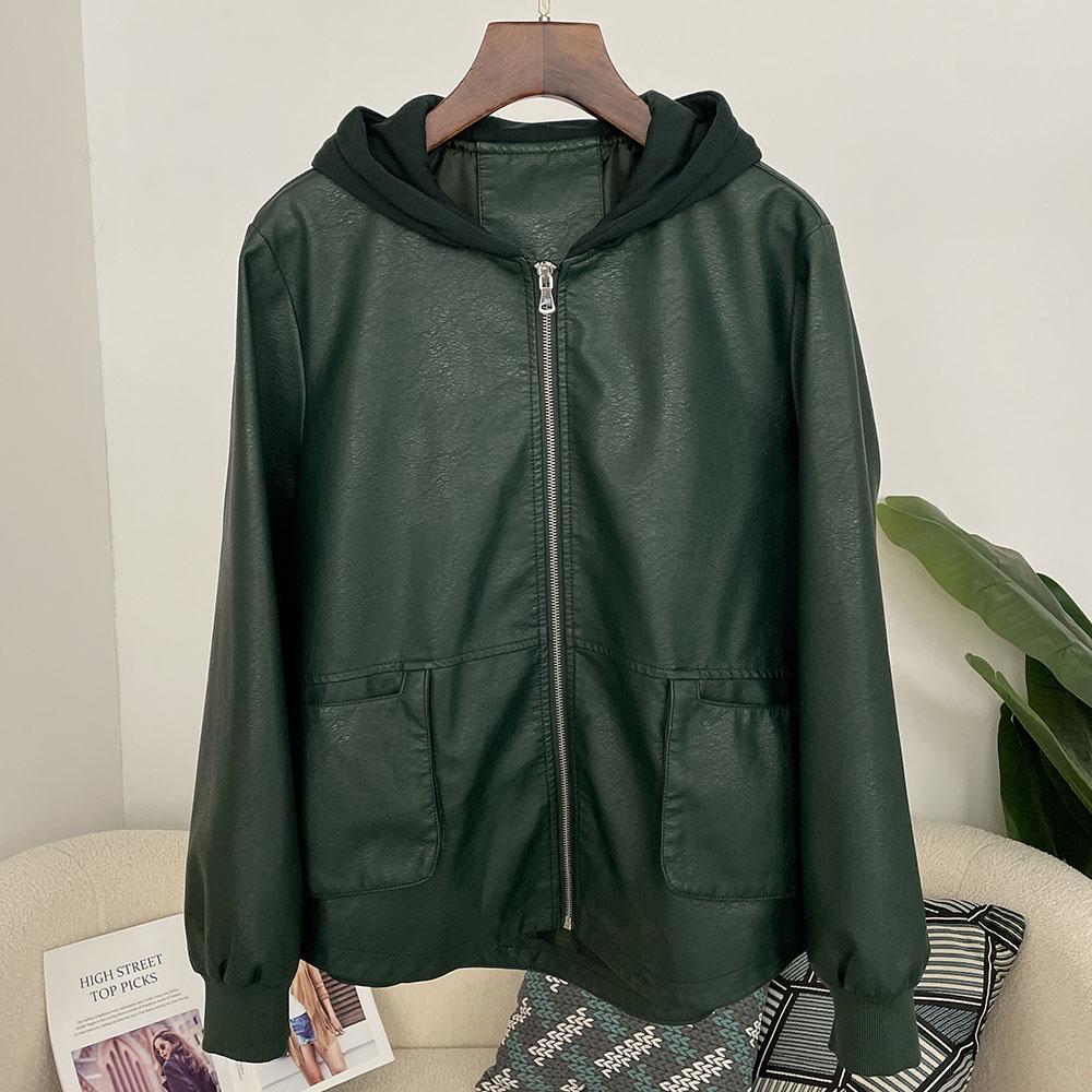 

OFTBUY Женская винтажная свободная короткая куртка из искусственной кожи с капюшоном, повседневная байкерская куртка, женская куртка на молнии в стиле ретро, байкерское пальто, верхняя одежда, топы XL зелёный