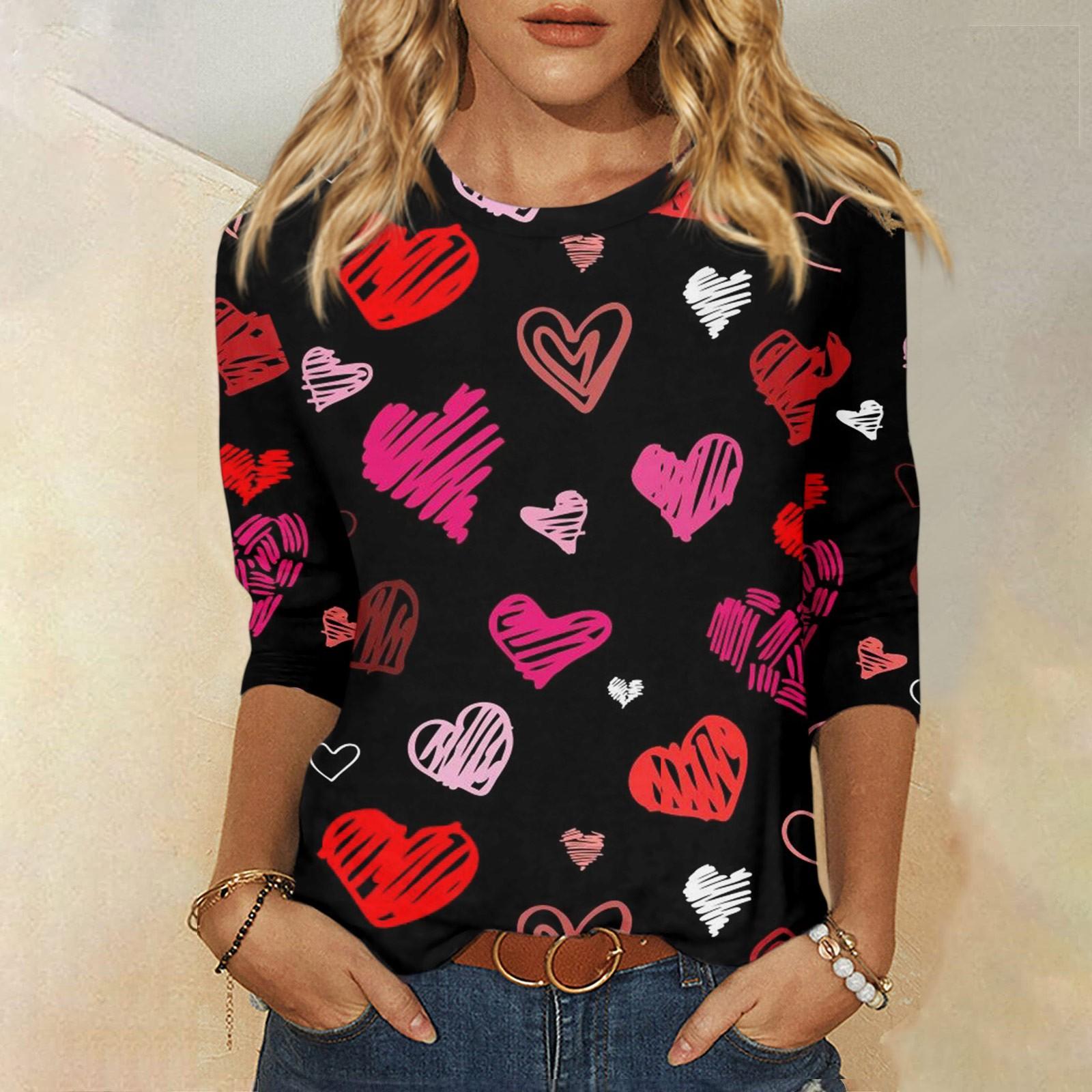 

Жіноча модна повсякденна вільна футболка з принтом на День Святого Валентина з круглим вирізом і рукавом 3/4 XL червоний