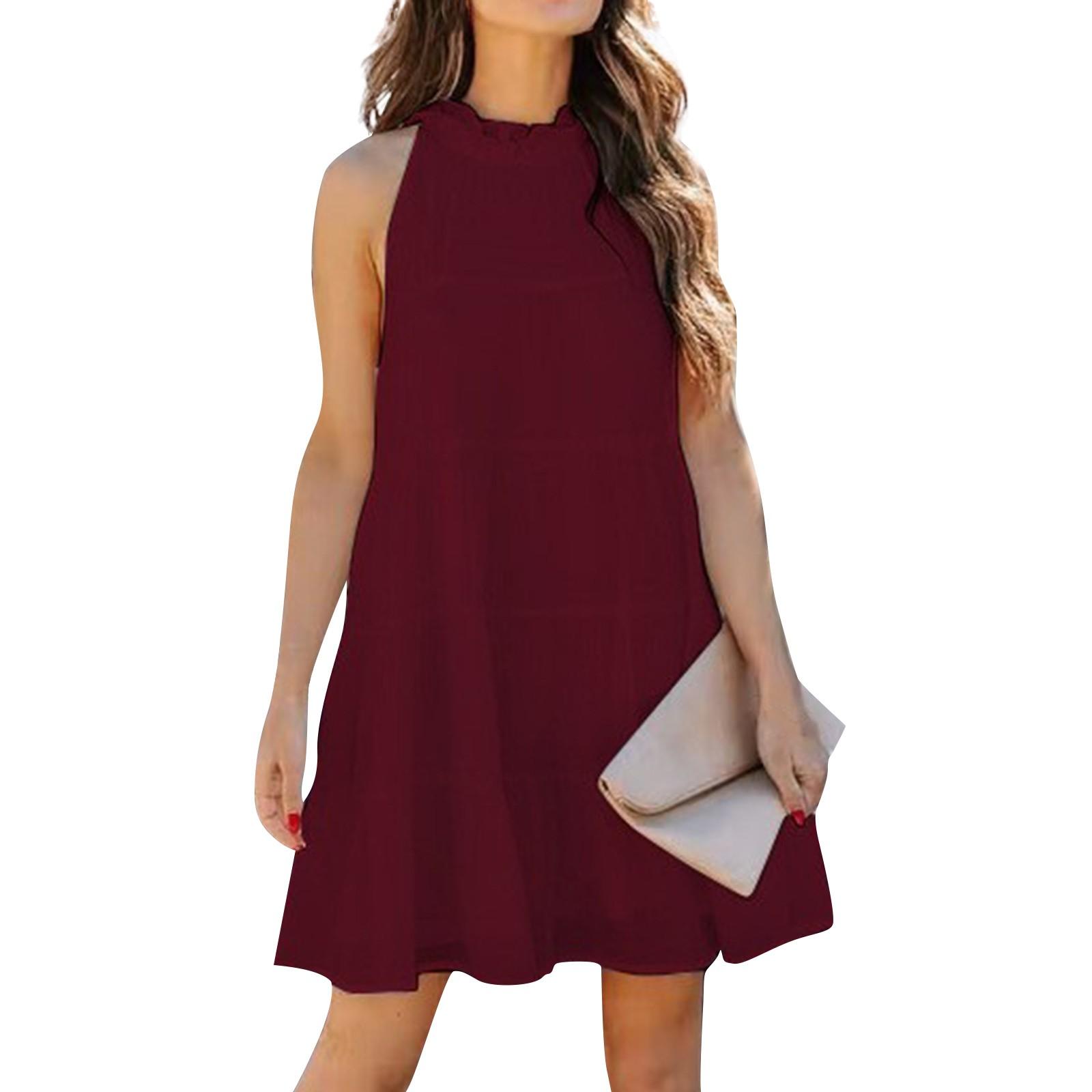 

Женские платья с круглым вырезом, воротником-стойкой из дерева, свободные, без рукавов, плиссированные, с большим подолом, однотонные, трапециевидные платья XXXXL винный