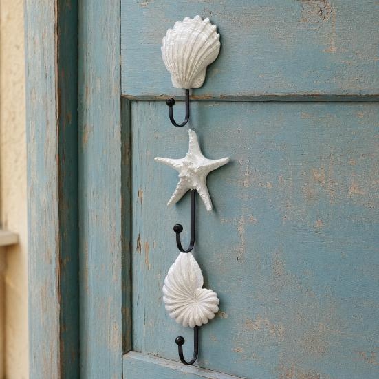 3 Pezzi Ganci da Parete, Ganci Appendiabiti Vintage in Metallo e Resina a Forma di Conchiglia per Bagno Cucina Ingresso, Appendioggetti Decorativo a Tema Spiaggia con Stella Marina Conchiglia,