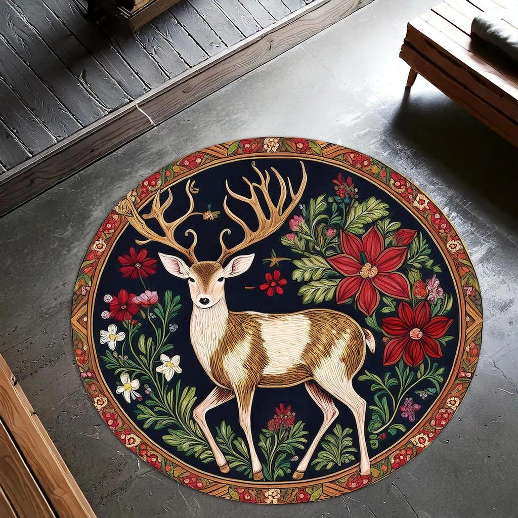 Floral Round Rug with Bee Design, Washable Carpet Boho Vintage Crow Rug for Living Room, Bedroom, Home Decor Floor Mat