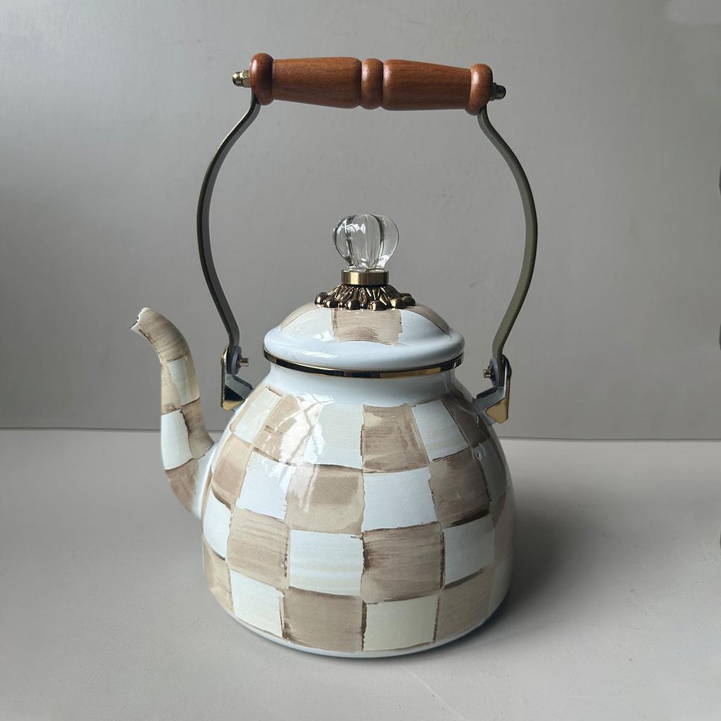 2.5 Quart Check Enamel Tea Kettle Vintage Enameled Teapot Stovetop For Water Coffee Tea Pot Home Kitchen Decor With Handle
