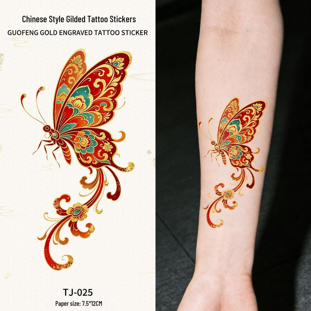 Chinese Style Waterproof Phoenix & Koi Tattoo Sticker - Long-lasting, Aesthetic Dunhuang Design for Arm & Collarbone