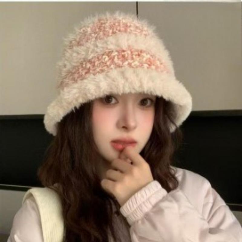 Hats Autumn and Winter Women's Korean Style Woolen Fisherman's Hat Color Blocked Striped Warm Fisherman's Hat Fashionable and Versatile Bucket Hat