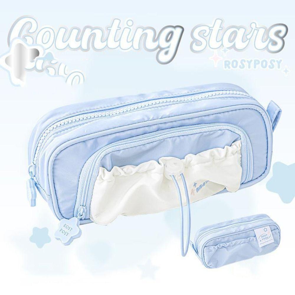 

High Capacity Cream Pencil Case Five Layers Large Capacity Pen Bag Drawstring Pen Bag Stationery синій