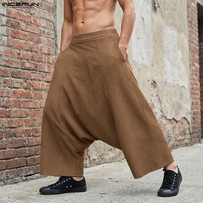 Vintage Men Elastic Waist Gothic Striped Casual Baggy Drop-crotch Pants