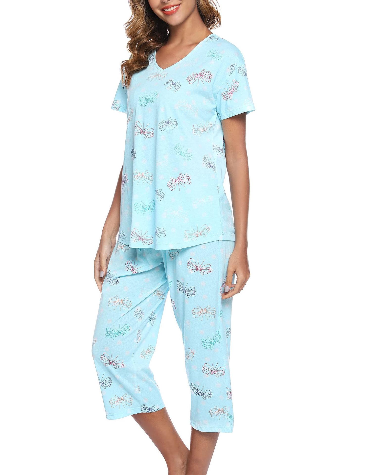 Women s V Neck Short Sleeve Capri Pants Set Loose Fit Stretch Animal Print Loungewear Pajama Set S