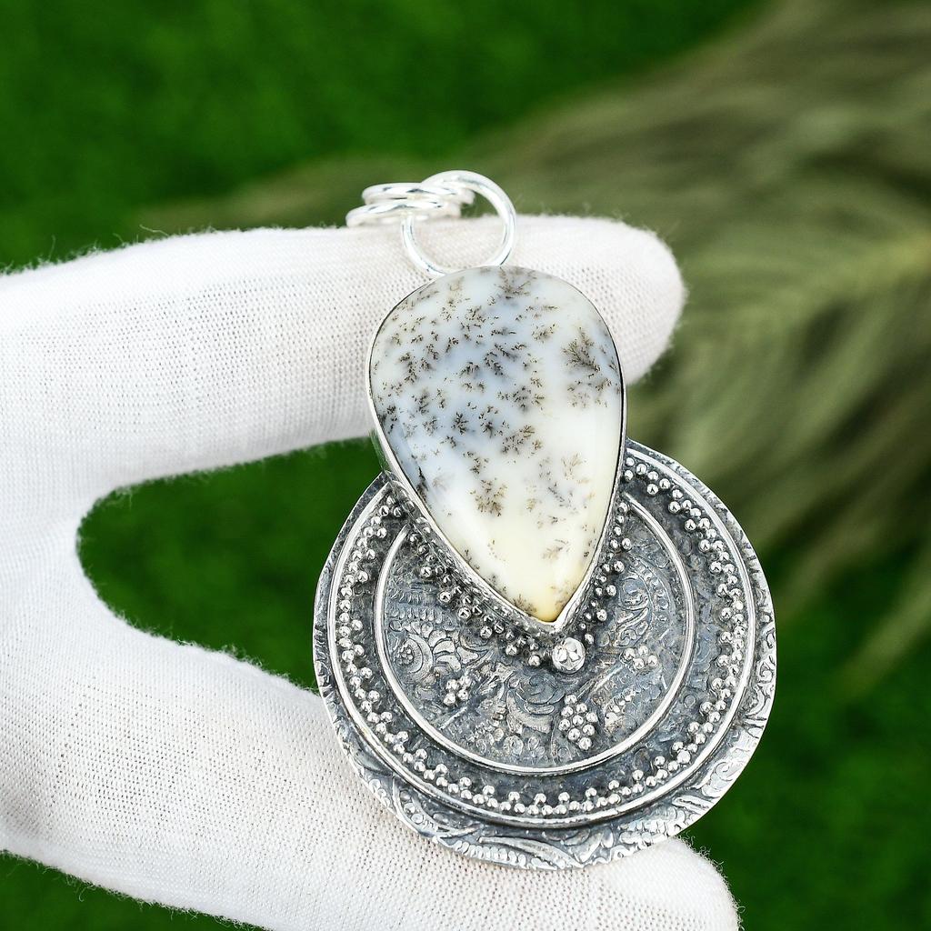 Sterling Silver Pear Dendrite Opal Stone Handcrafted Bezel New Pendant Jewelry