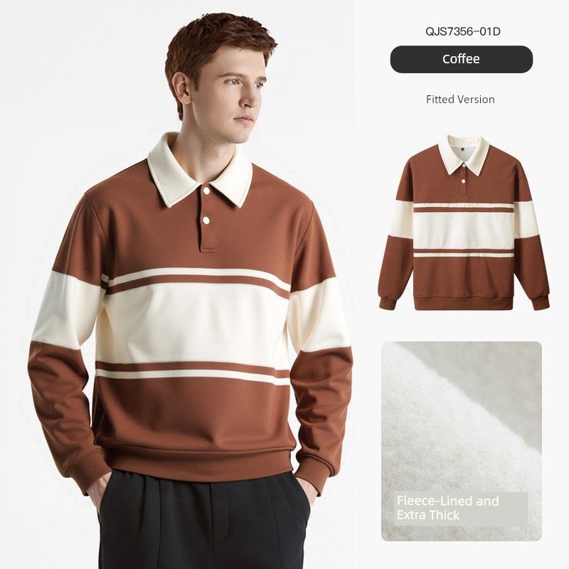 Origami Crane Men's Clothing Japanese Retro Color-Block Striped Sweatshirt with Fleece for Men, New Loose Casual Top for Autumn and Winter 7356