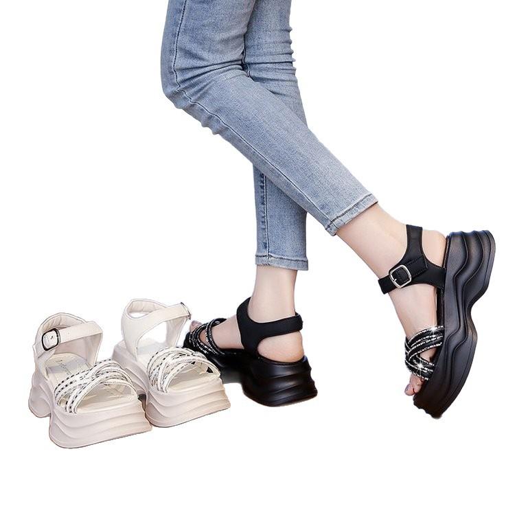 Platform sandals women 2025 summer new muffin versatile open-toed rhinestone soft sole one-word buckle fairy wedge heel shoes