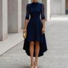 Women's Color Mesh Cocktail Dress with Mock Neck, Three-Quarter Sleeves and Asymmetric Hem for Evening Party