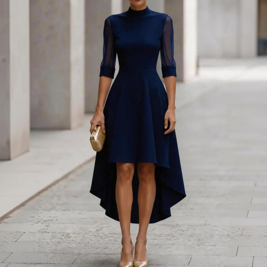 Women's Color Mesh Cocktail Dress with Mock Neck, Three-Quarter Sleeves and Asymmetric Hem for Evening Party