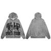 Trendy American Street Style Retro Distressed Letter Print Zipper Hooded Sweatshirt