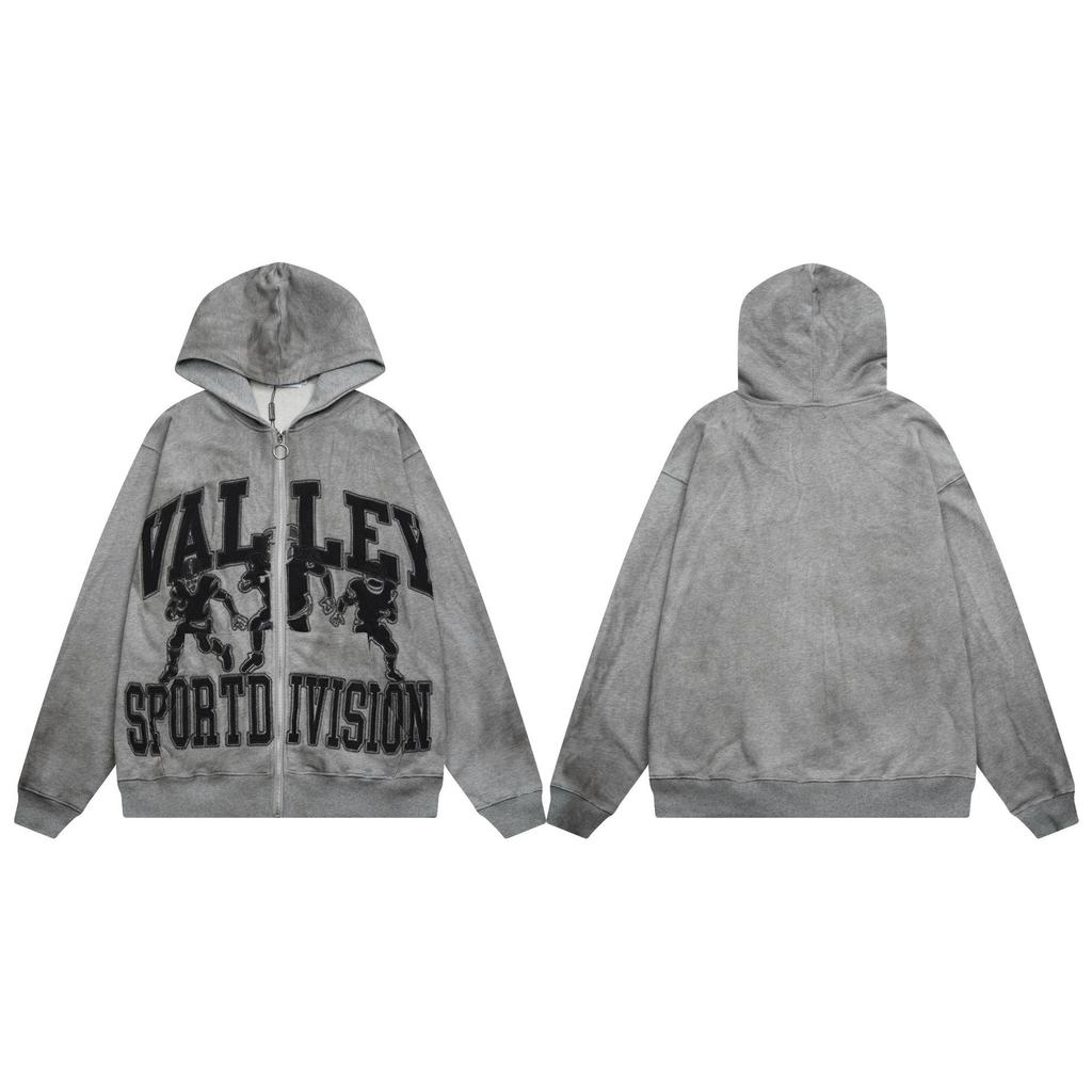 Trendy American Street Style Retro Distressed Letter Print Zipper Hooded Sweatshirt