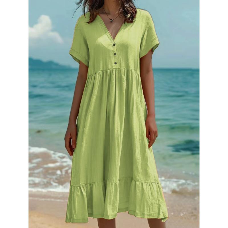 VEZFAA Damenmode Sommer Frühling Einfarbiger Druck Kurzarm V-Ausschnitt Lockere Taille Lässige Kleider