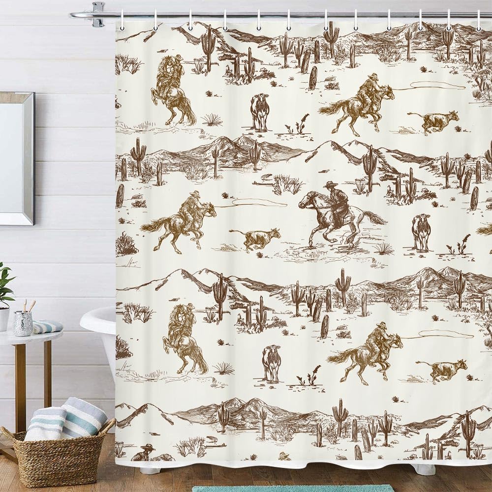Western Cowboy Duschvorhang, Wild West Cowboy Reitet Pferd Kaktus Badvorhänge, Bauernhaus Land Amerikanischer Westen Thema Stoff Ba
