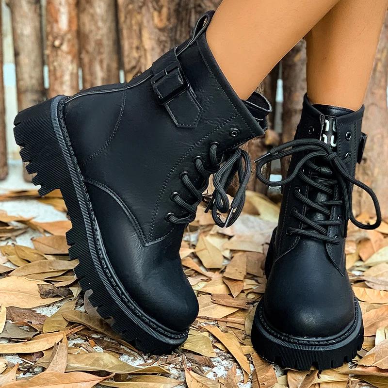 

Кожаные женские ботильоны на среднем каблуке, дизайнерская обувь в стиле ретро, трендовые зимние мотоциклетные ботинки на шнуровке, готические ботинки Botas De Mujer 40
