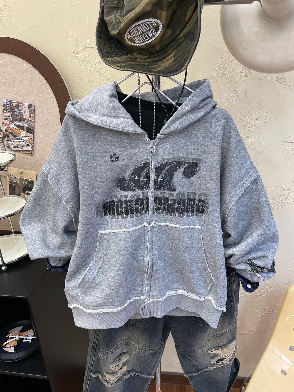 

Кардиган с капюшоном для мальчиков - Винтажная стирка, Коллекция Осень 2025 - Модная верхняя одежда свободного кроя 150cm серый