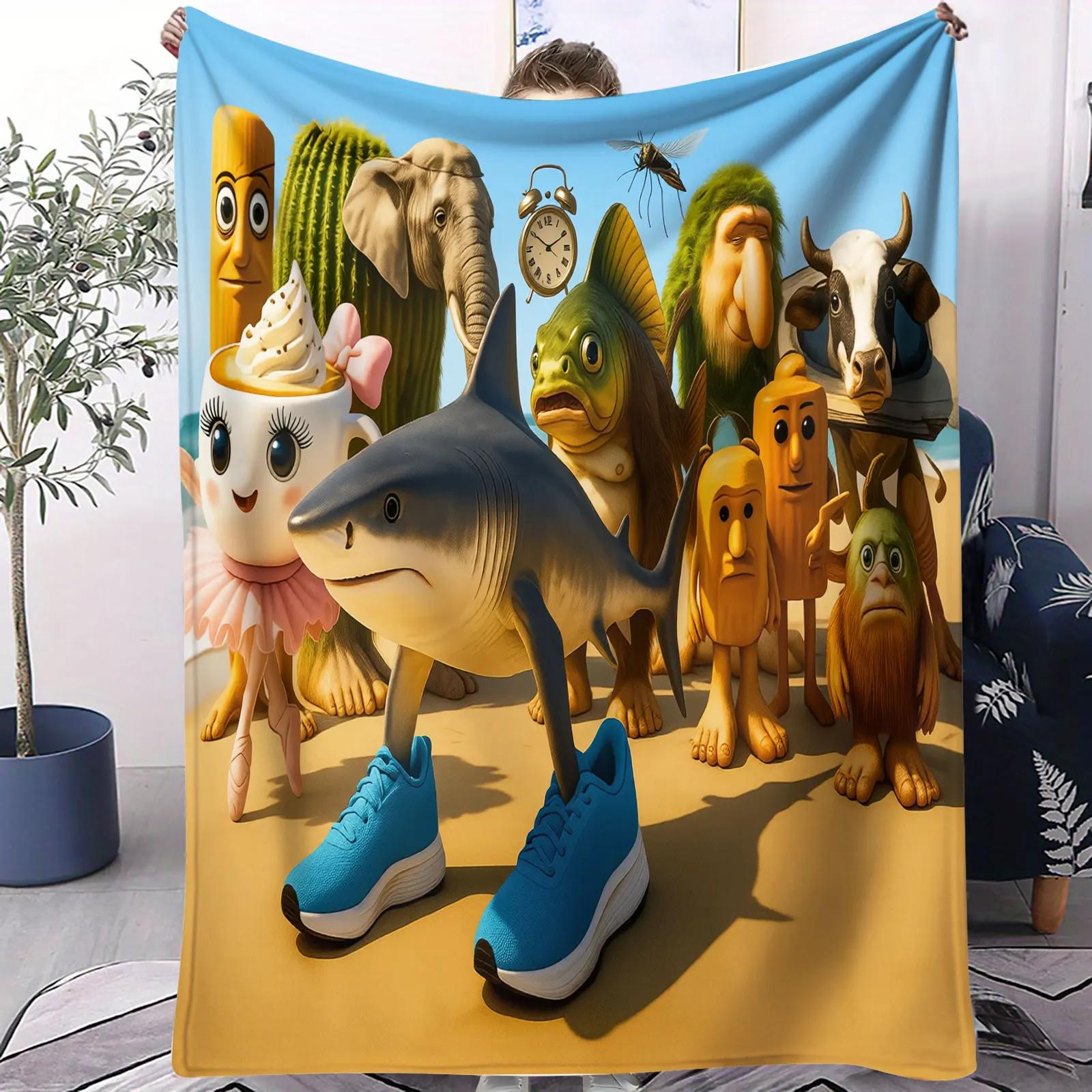 Italian Brainrot Shark with Blue Sneakers Flannel Blanket Soft Throw for Outdoor Camping Car Sofa Novelty Gift Decor & Daily Use 75cmx90cm