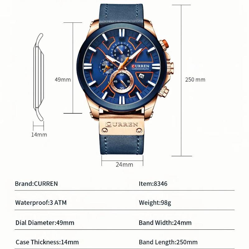 CURREN Men's Six Pin Multifunctional Calendar Quartz Watch Waterproof Leather Strap Fashion Business Watch