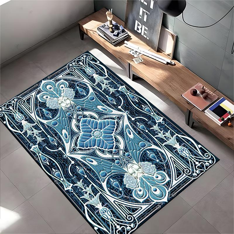 Mandala Flower Pattern Carpet in Blue and White Art Deco Style Suitable for use as an anti-slip for living room bedroom sofas