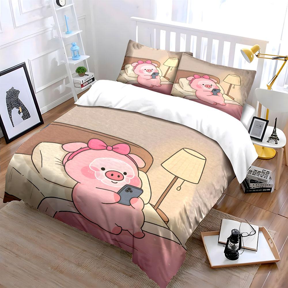 Cute pink pig is looking at its phone in bed Print Bedding Set 1 Duvet Cover 2 Pillowcases for Adult and Children Luxury Gift