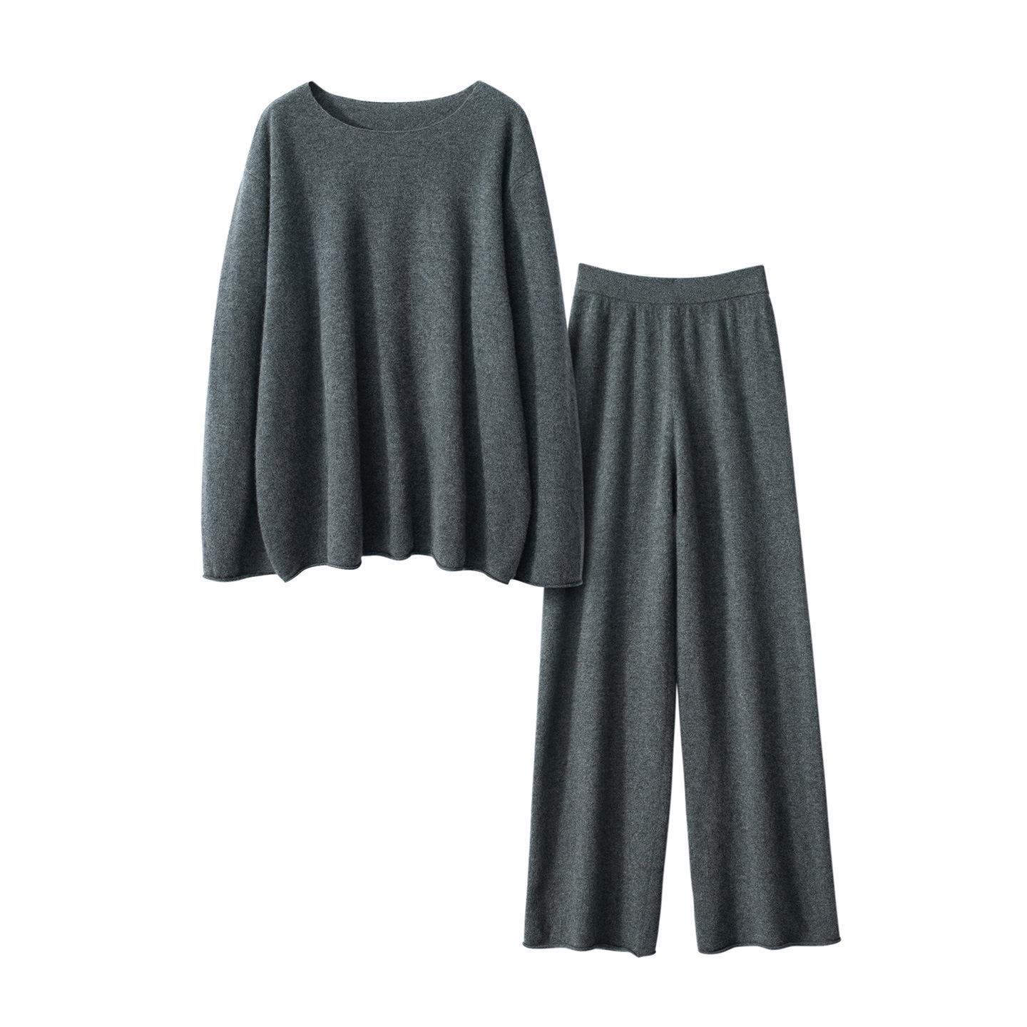 

Elegant Off-Shoulder Cashmere Knit Top & Slimming Straight-Leg Pants Set for Women One Size