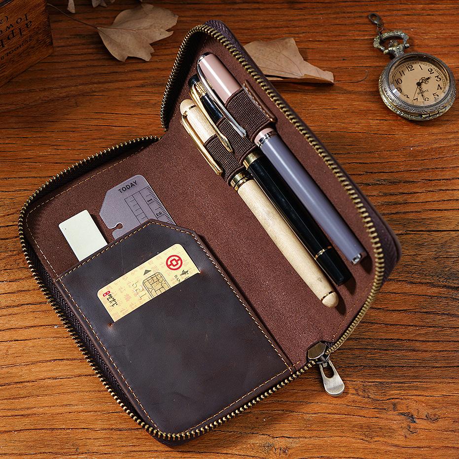 2026 First Layer Cowhide Three-pack Pencil Case Zipper Pen Storage Bag Plus Large Capacity Bill Stationery Case Pencil Case