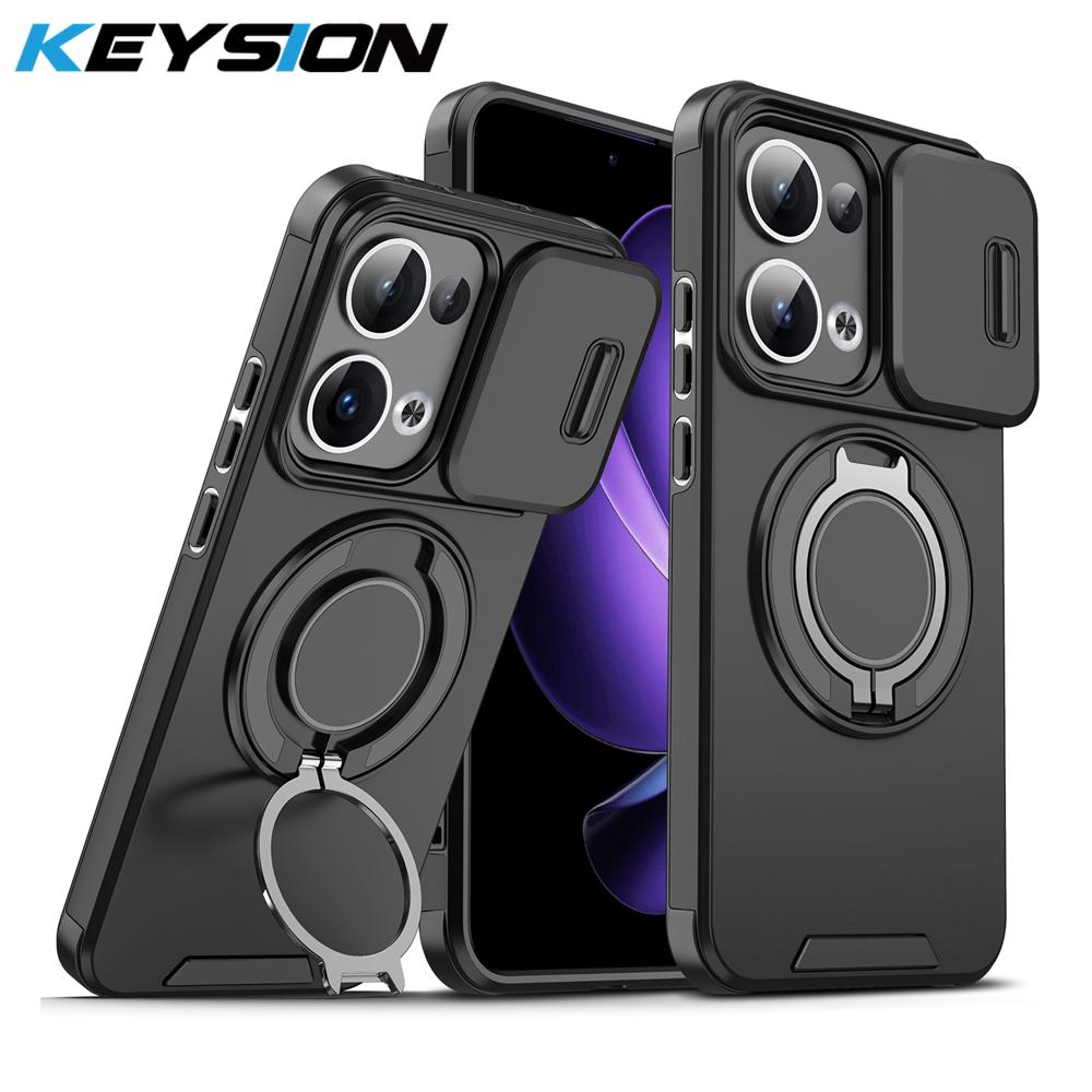KEYSION 360° Ring Stand Phone Case for OPPO Reno13 Pro 5G Slide Camera Protection Magnetic Shockproof Cover for OPPO Reno13 F 5G