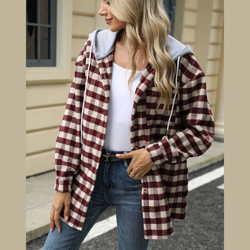 Women Autumn Winter Long Sleeve Hooded Plaid Warm Woolen Coat Cardigan