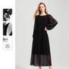 Women's High-Waist Round Neck Long Sleeve Midi Dress