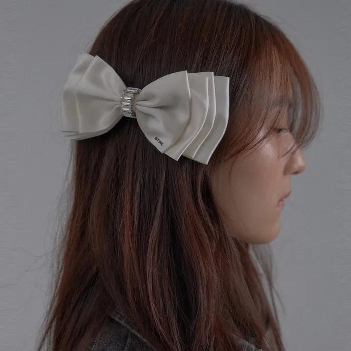 Crystal Buckle Satin Ribbon Hairpin_Cream