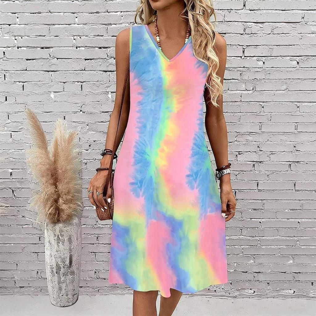 Plus Size V Neck Sleeveless Dress Deep Forest Brook Ink Painting Print For Wilderness Walking Trip