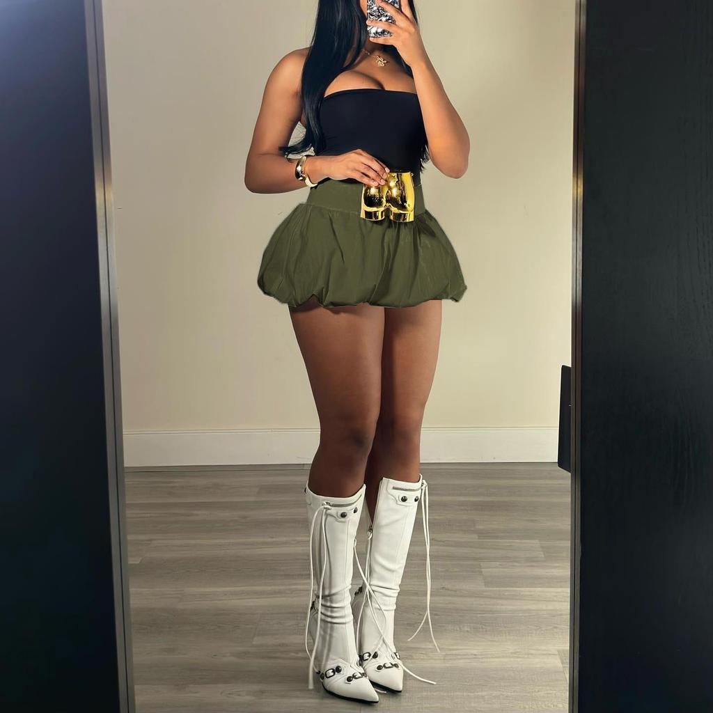 Qooth Hot Women's Mini Short Solid Color Puffy Bubble Skirt Plus Size Fashion Pleated Mini Skirt For Girls Skirts Sexy Clothes Women QT2422