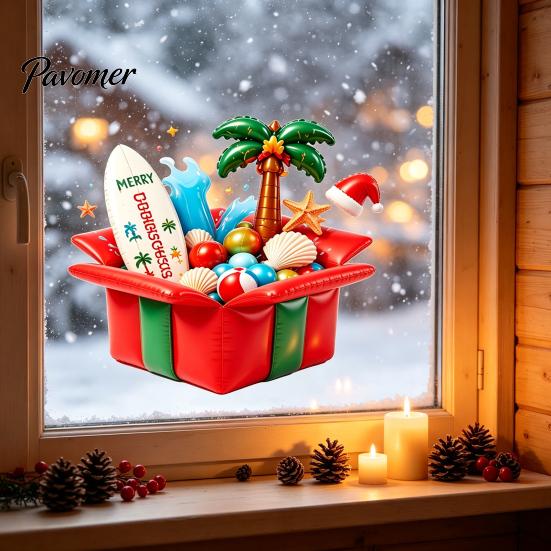 Easy Apply Window Decals Christmas in July Clings, Tropical Summer Candy Cane Gift Box Clings Decal, Beach Hawaiian Xmas Party Decoration for