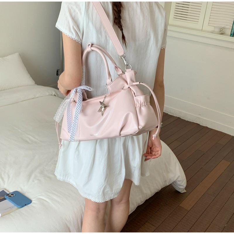 Brand Bow Lace Tote Bag Women Large Capacity Star Charm Handbag Soft Leather Drawstring Shoulder Bag Korean Commut Bucket Bag