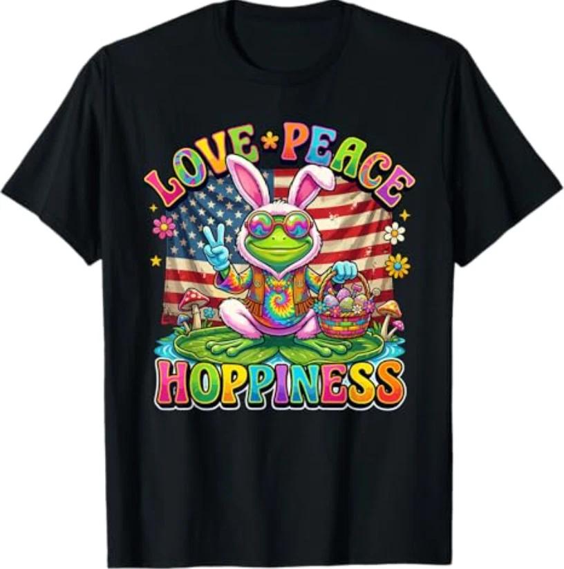 Patriotic Retro Easter Frog Bunny Ears Love Peace Hoppiness T-Shirt 2XL