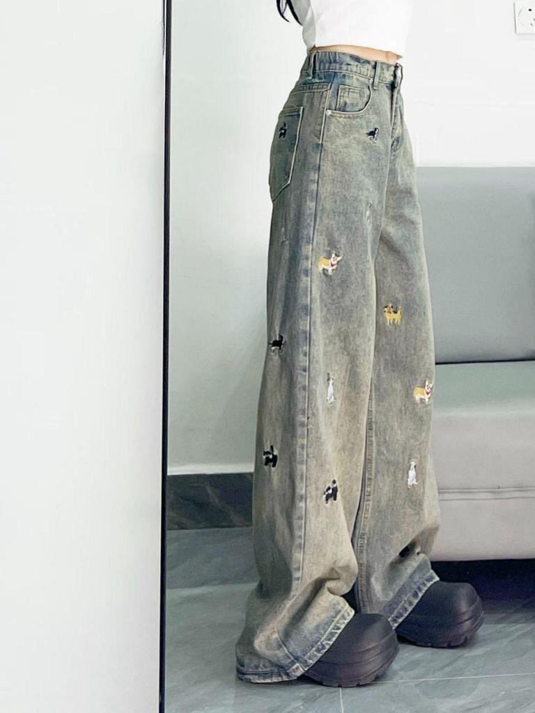 Women's Spring/Fall Loose Distressed Wide-Leg Jeans with Little Dog Embroidery
