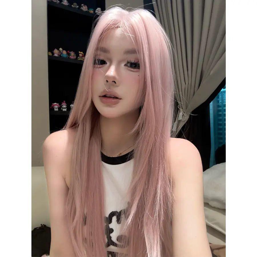 Korean Style Pink Y2K Wig: Long, Straight, Layered, Fashionable & Natural Look for Women