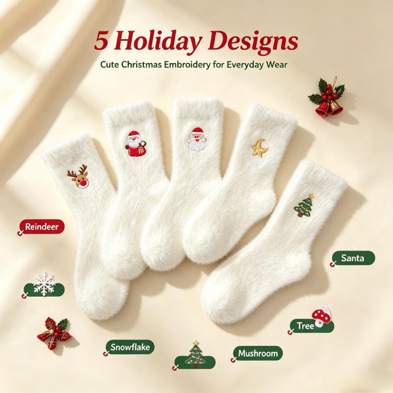 Women Christmas Mink Fleece Mid Calf Socks Thick Plush Embroidered Floor Socks Winter Warm Cozy Sleeping Socks