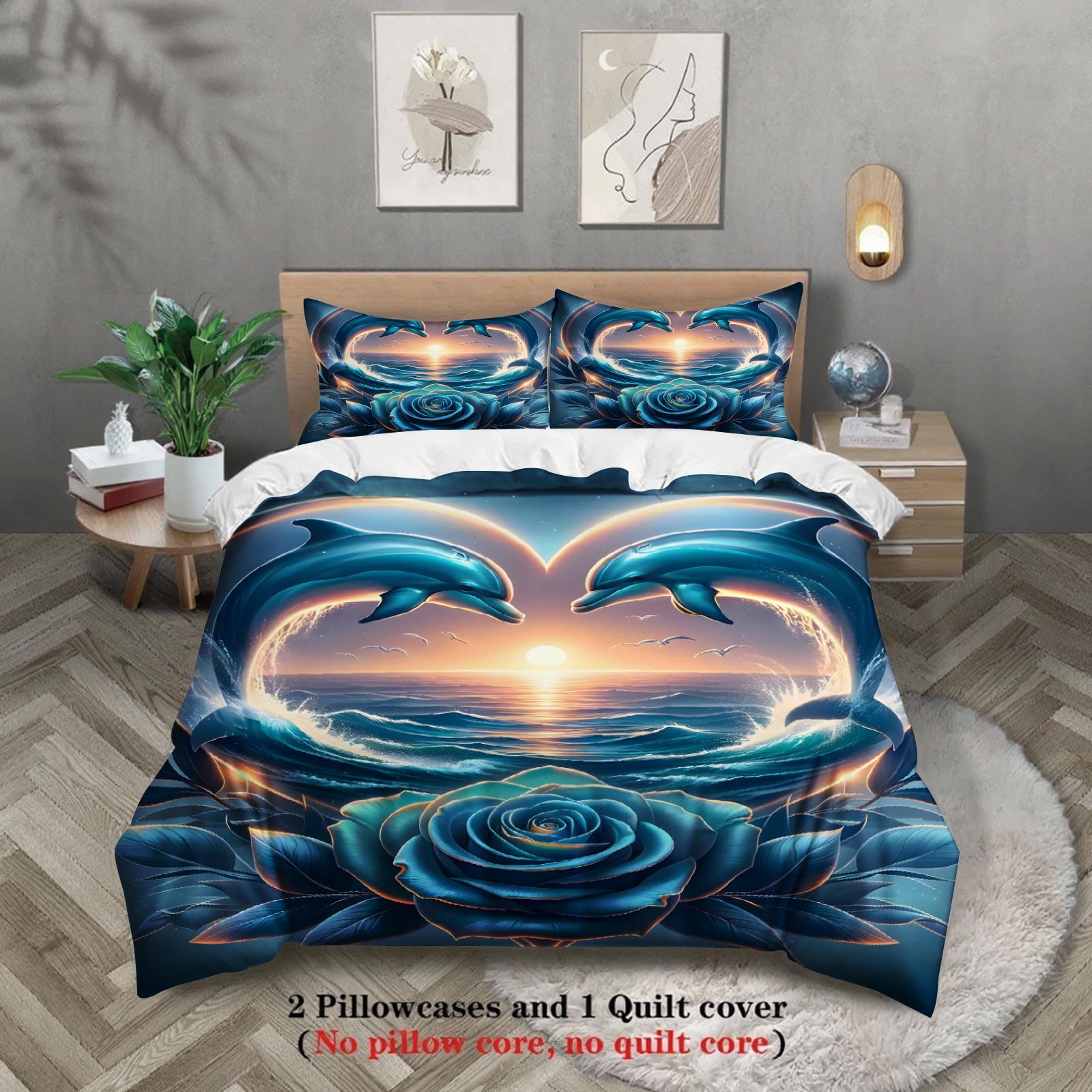 

Dolphin Rose Bedding Set Blue Ocean Sunset Heart Pattern Bedding With Duvet Cover and Pillowcases For Bedroom US Full(200x230cm)