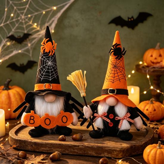 Reusable Festival Tabletop Decor Halloween Gnome Decoration, Spooky Orange Black Spider Web Boo Swedish Tomte Gift for Kids Adults Elf Figurine, Plush